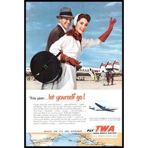 1953 TWA Airlines Skyliner Vintage Print Ad Happy Couple Boarding Wall Art Photo